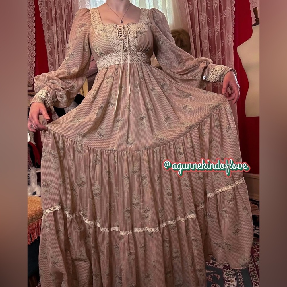 Gunne Sax Maxi Dress in a Striped Dusty Rose Pattern with Crochet Lace Trim